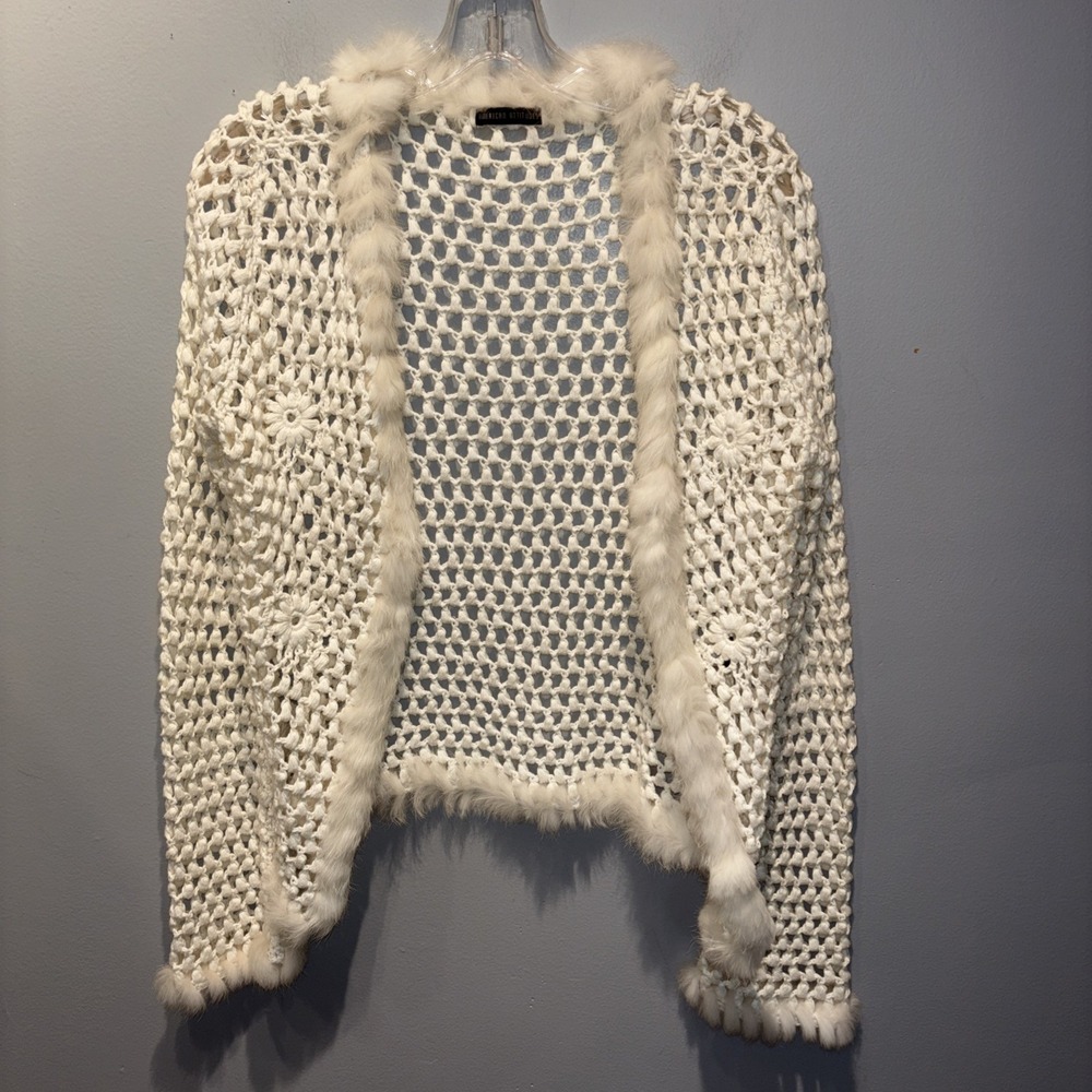 Vintage Women's Sz L Open Knit Cardigan Ivory Rabbit‎ Fur Trim Boho Cottagecore